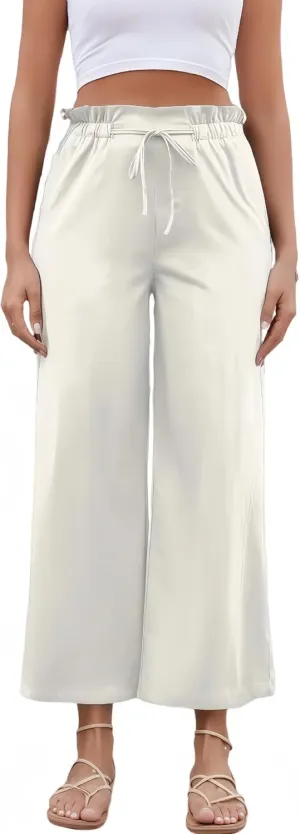Women's Casual High Waisted Pants Self-tie Belted Lounge Pants Straight Long Trousers with Pockets