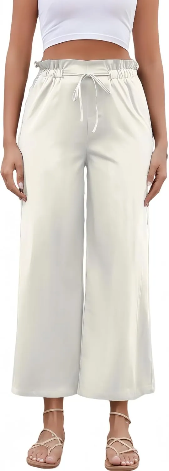 Women's Casual High Waisted Pants Self-tie Belted Lounge Pants Straight Long Trousers with Pockets