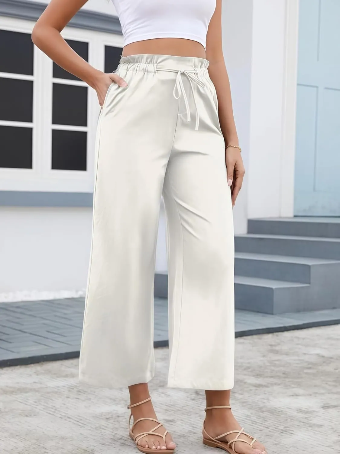 Women's Casual High Waisted Pants Self-tie Belted Lounge Pants Straight Long Trousers with Pockets