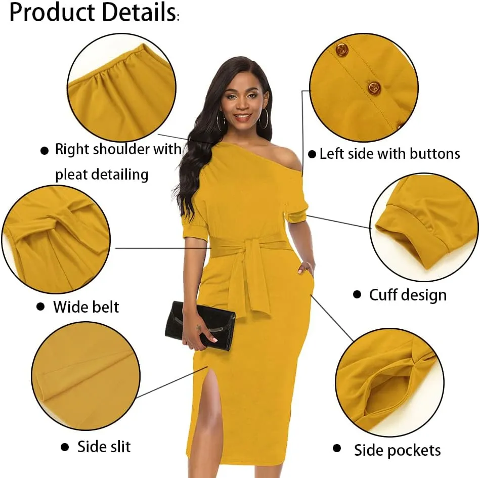 Womens Classy Off Shoulder Short Sleeve Belted Side Slit Midi Pencil Dress with Pockets