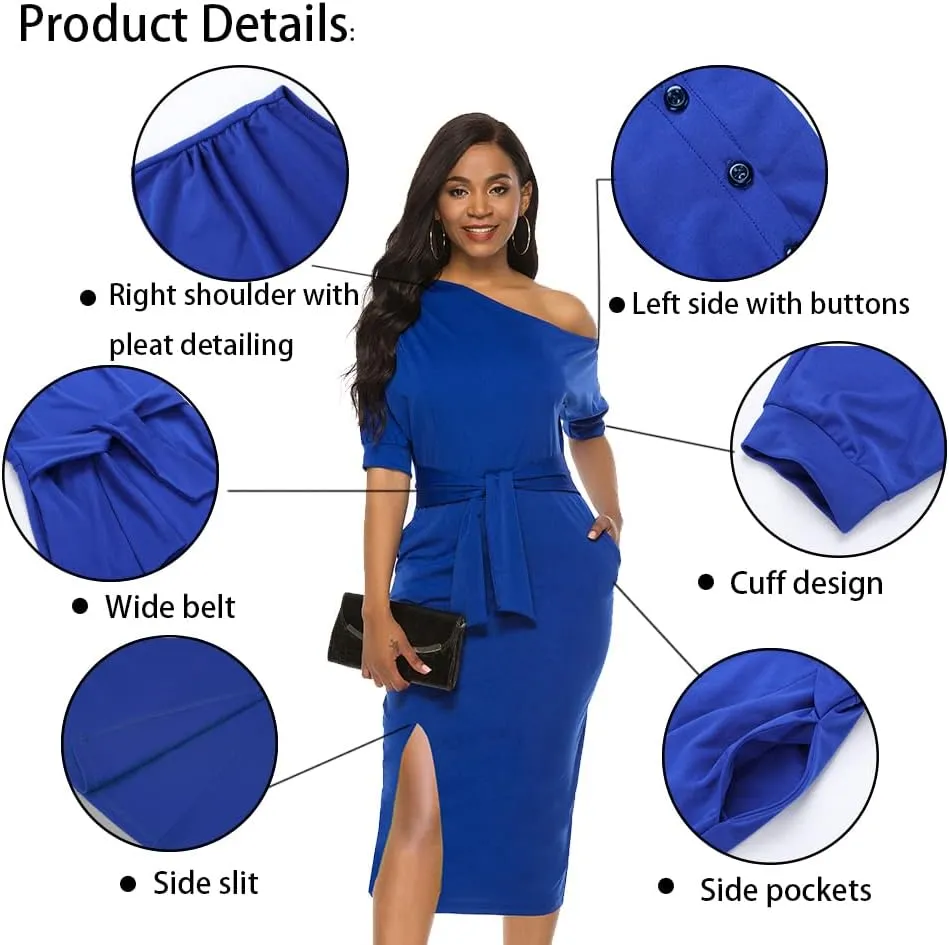 Womens Classy Off Shoulder Short Sleeve Belted Side Slit Midi Pencil Dress with Pockets