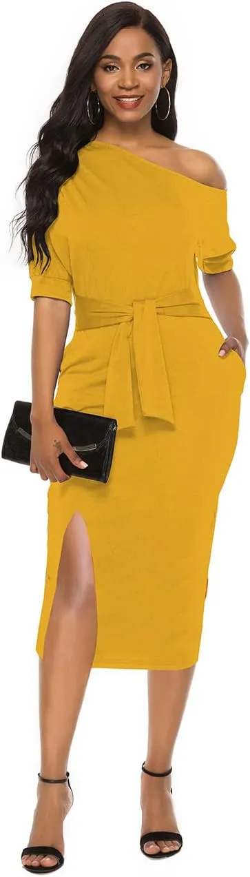 Womens Classy Off Shoulder Short Sleeve Belted Side Slit Midi Pencil Dress with Pockets