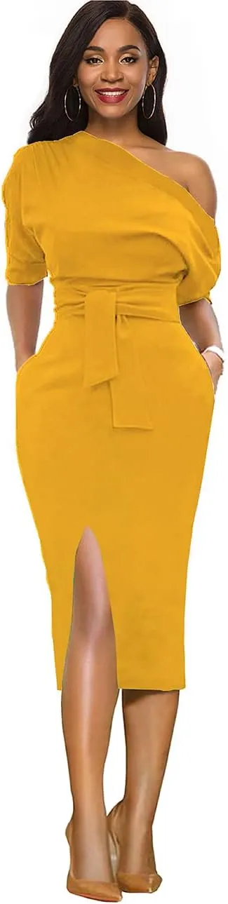 Womens Classy Off Shoulder Short Sleeve Belted Side Slit Midi Pencil Dress with Pockets