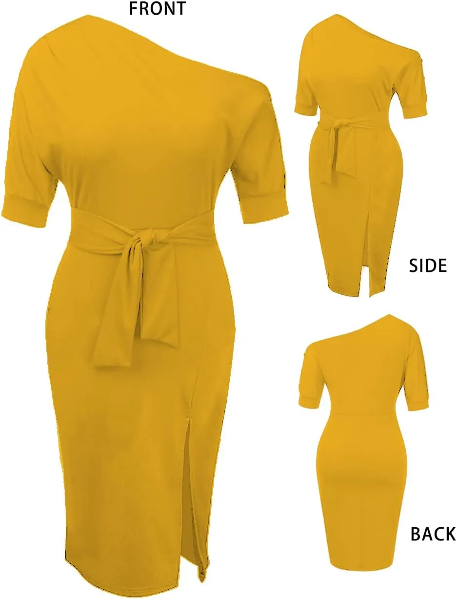 Womens Classy Off Shoulder Short Sleeve Belted Side Slit Midi Pencil Dress with Pockets