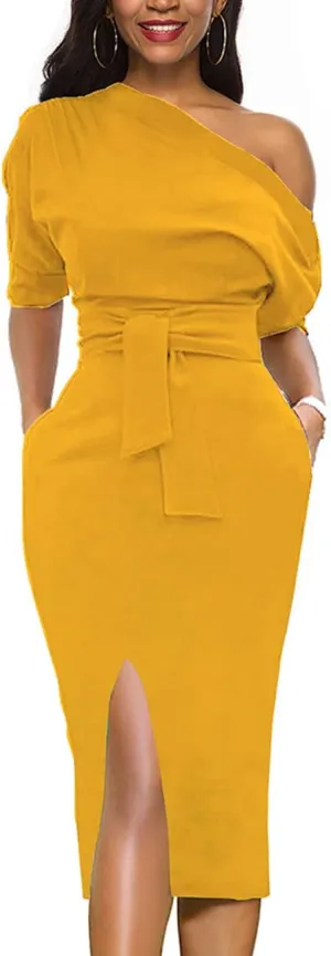 Womens Classy Off Shoulder Short Sleeve Belted Side Slit Midi Pencil Dress with Pockets