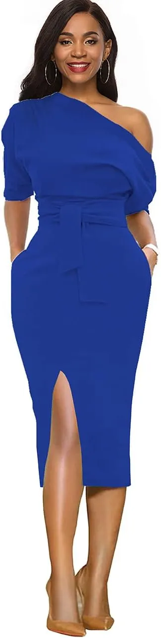 Womens Classy Off Shoulder Short Sleeve Belted Side Slit Midi Pencil Dress with Pockets