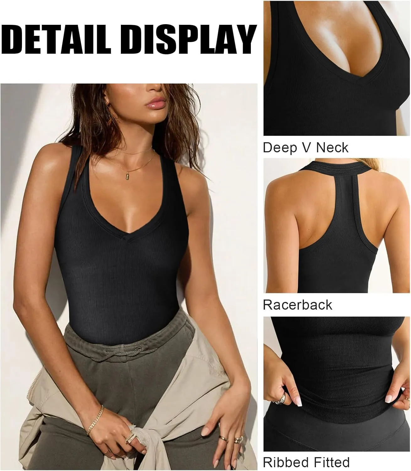 Womens Low Cut Deep V Neck Racerback Tank Tops for Women Summer Workout Yoga Sport Ribbed Fitted Cotton Clothes
