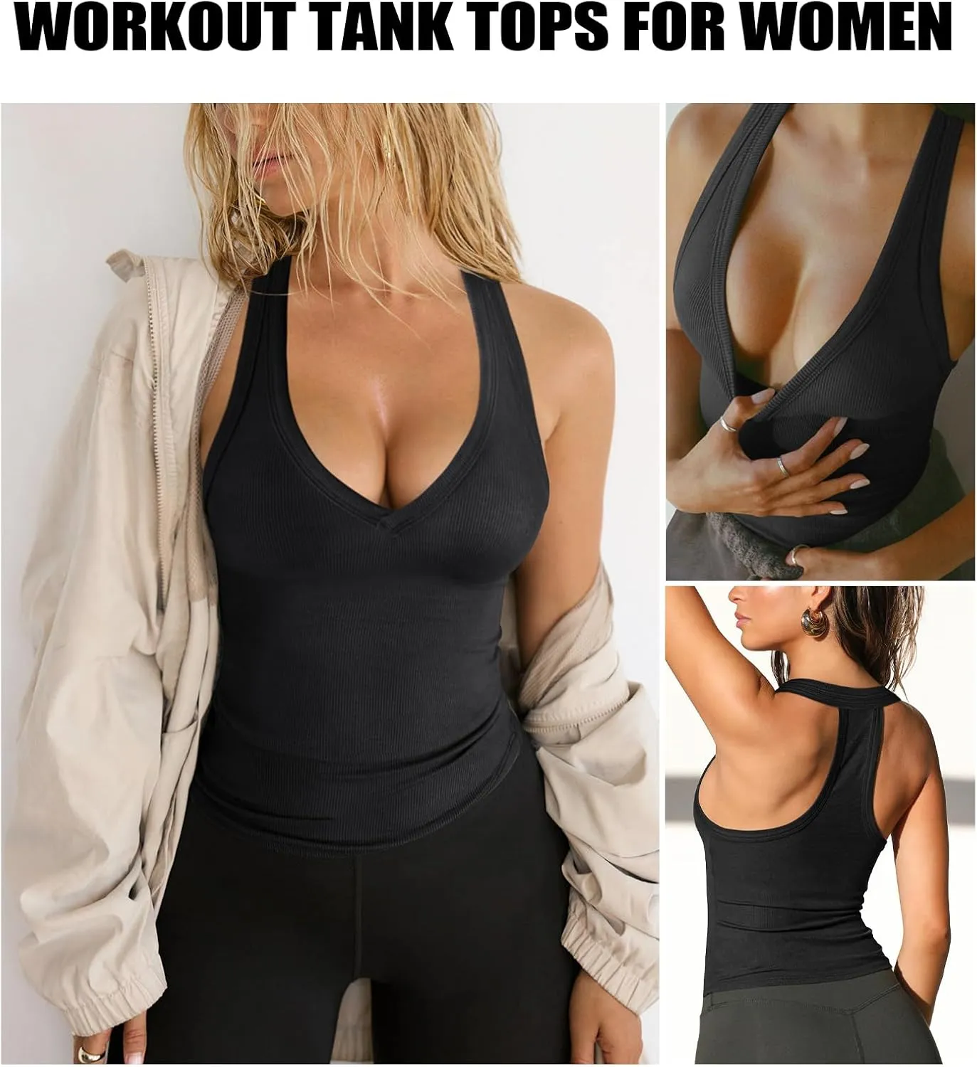 Womens Low Cut Deep V Neck Racerback Tank Tops for Women Summer Workout Yoga Sport Ribbed Fitted Cotton Clothes