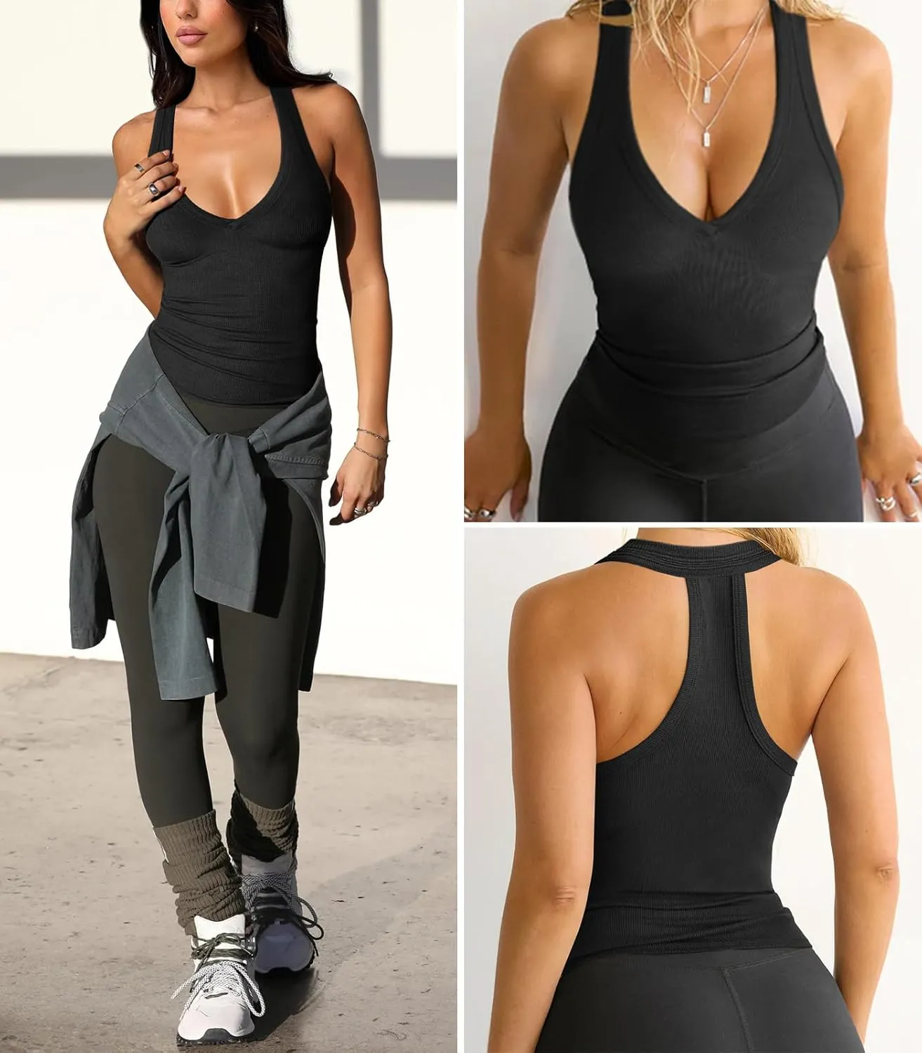 Womens Low Cut Deep V Neck Racerback Tank Tops for Women Summer Workout Yoga Sport Ribbed Fitted Cotton Clothes