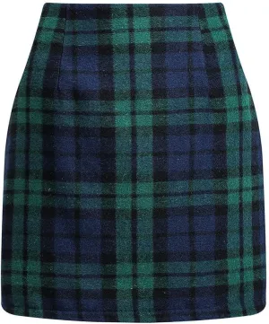 Womens Wool Plaid Mini Skirt Fall Winter High Waisted A Line Bodycon Pencil Skirt
