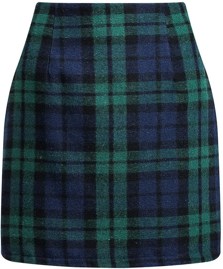 Womens Wool Plaid Mini Skirt Fall Winter High Waisted A Line Bodycon Pencil Skirt