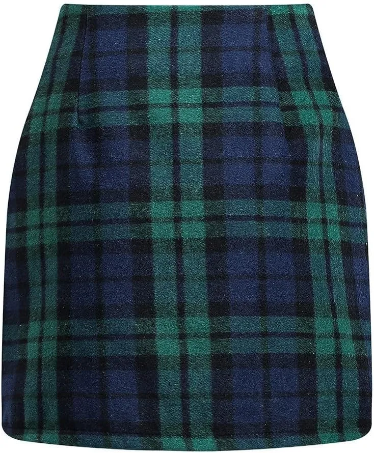 Womens Wool Plaid Mini Skirt Fall Winter High Waisted A Line Bodycon Pencil Skirt