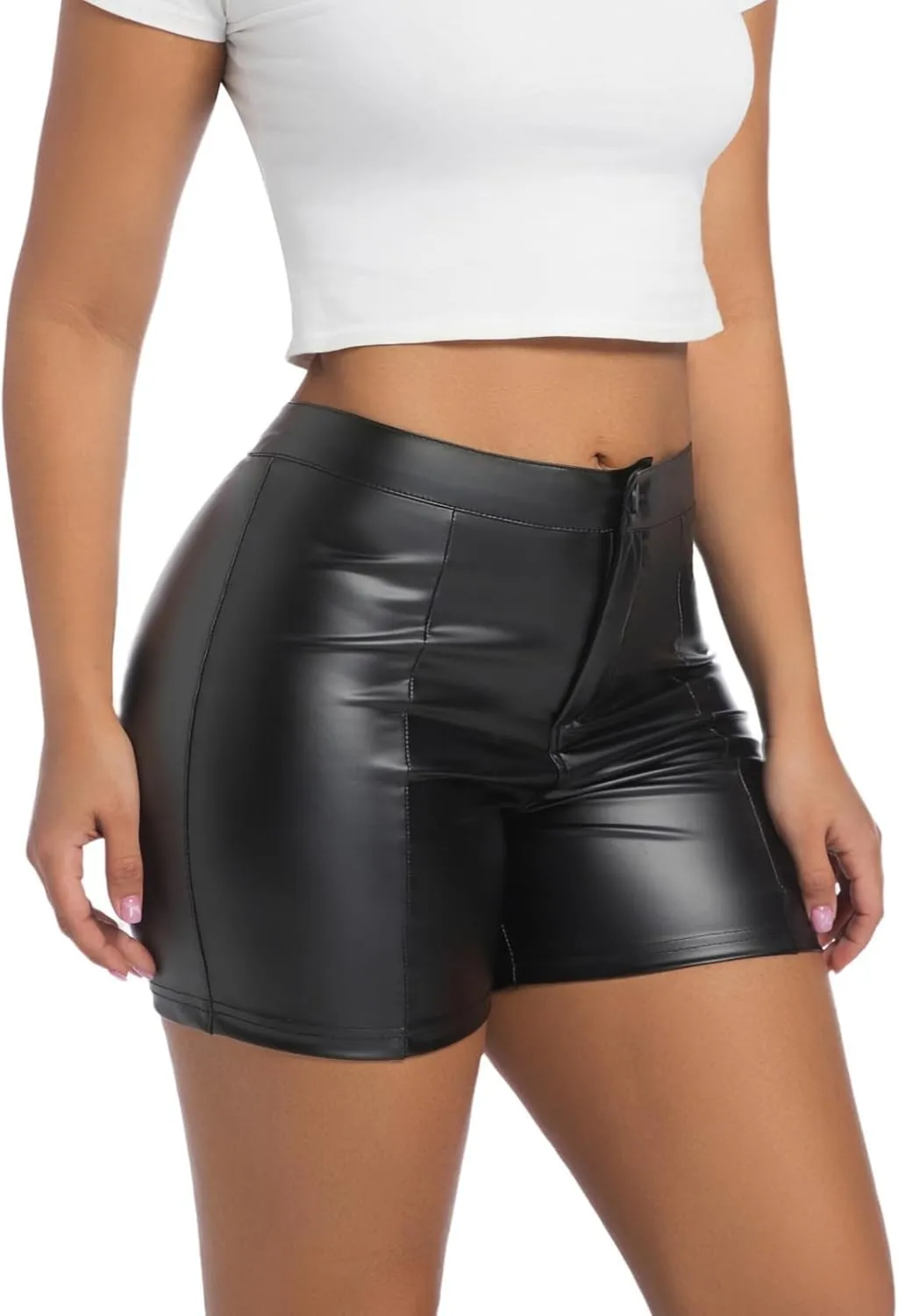 Zebaexf Women Sexy Leather Legging Shorts High Waist Faux Leg Stretchy Shorts PU Leather Pants