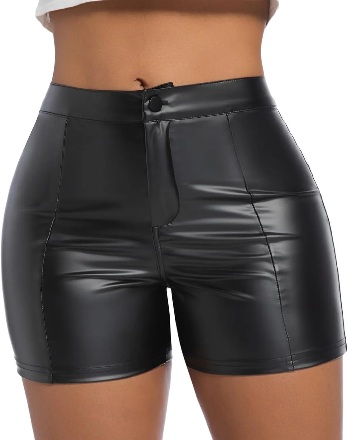 Zebaexf Women Sexy Leather Legging Shorts High Waist Faux Leg Stretchy Shorts PU Leather Pants